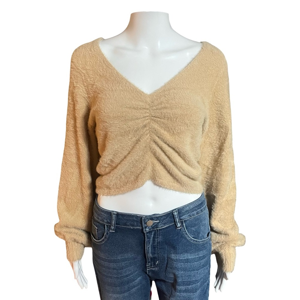 Hollister Angora Ruched Front V-Neck Sweater Size L Tan Fuzzy Knit